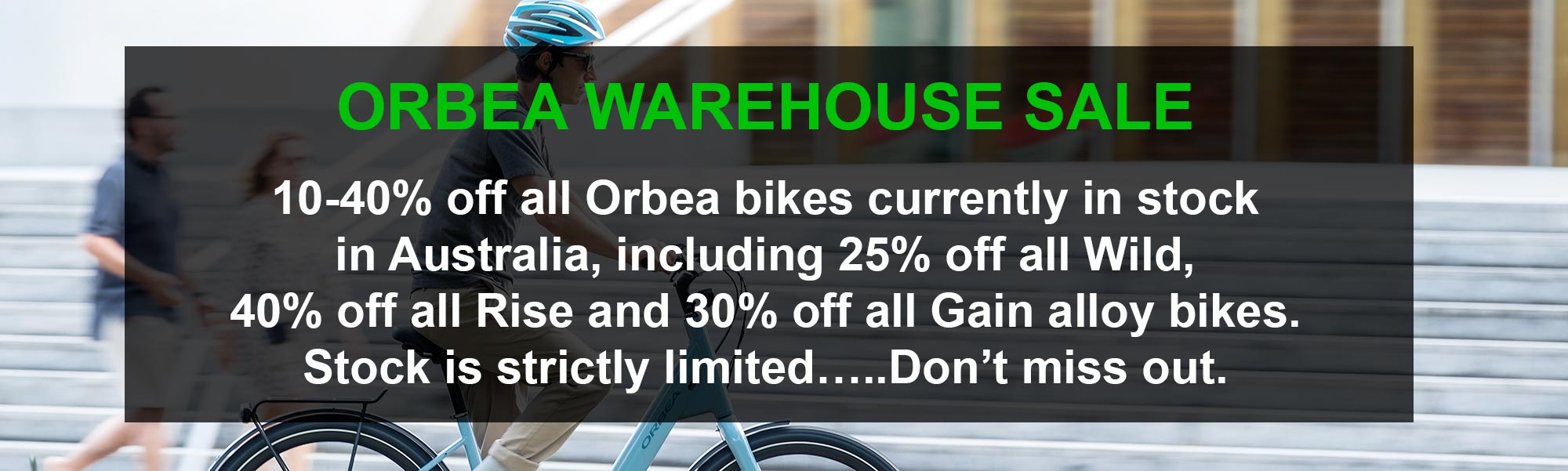 Orbea warehouse sale on now at Melbourne Electric Bicycles.